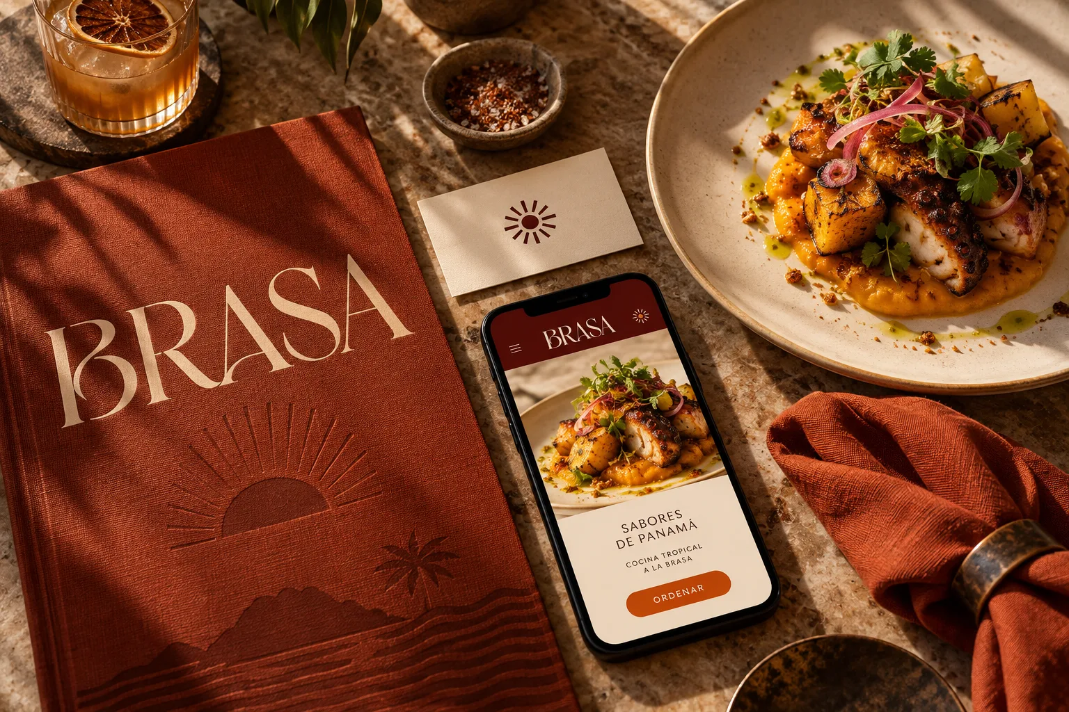 Mockup conceptual de BRASA: menú terracota, fotografía gastronómica y una web móvil para un restaurante ficticio.