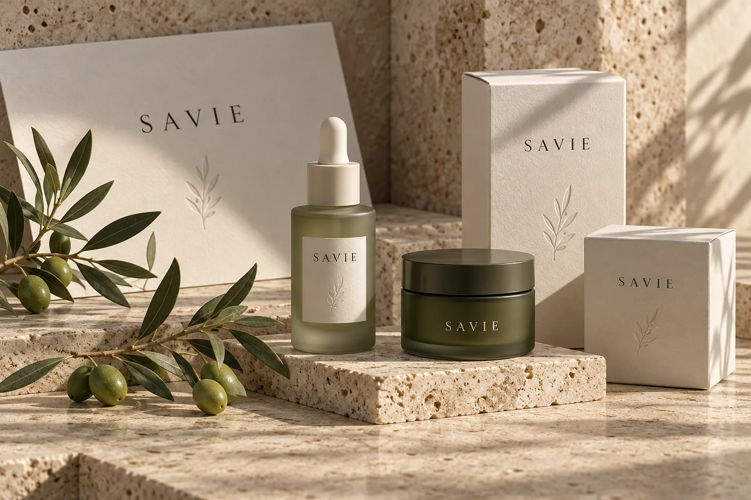 Mockup conceptual de SAVIE: frascos de cuidado personal verde salvia, cajas marfil y papelería sobre piedra travertino.